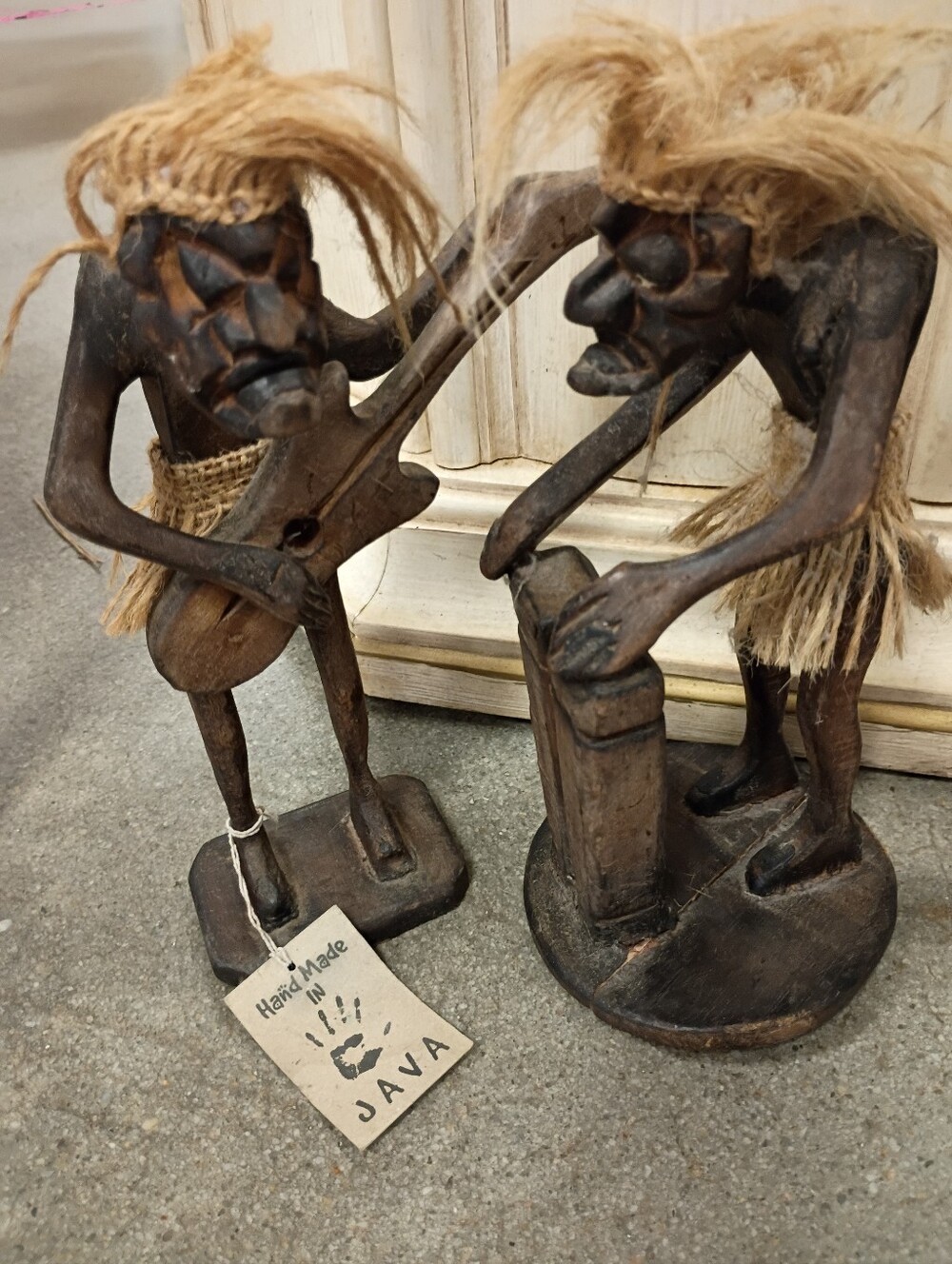 Handmade Java Brown Tribal Musician Wood Sculptures - Set of 2